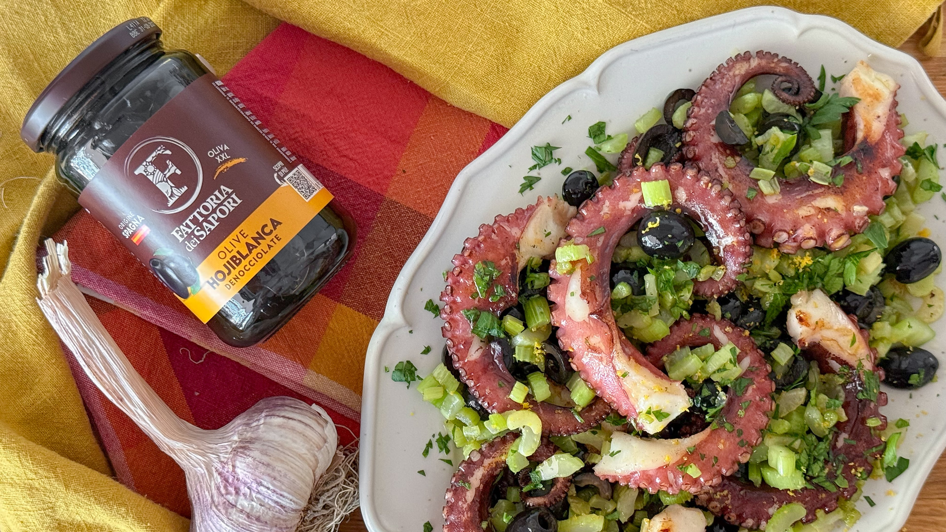 Polpo arrosto con sedano e Olive nere Hojiblanca